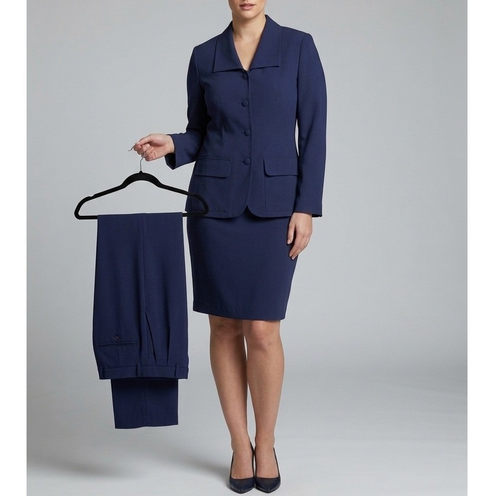 Vintage Investments Navy Blue 3 Piece Suit Set Blazer Pants Skirt Size 6 NWT